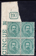 UMBERTO I C.5 SASS 37 BELLISSIMA QUARTINA ANGOLO DI FOGLIO CON NUMERO DI TAVOLA MNH**/MLH* DUE VALORI CON TRACCIA DI LIN - Ongebruikt