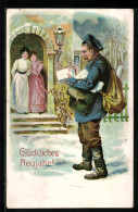 Lithographie Postbote Mit Briefen Für Die Damen, Neujahrsgruss - Post