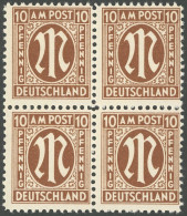AMERIK. U. BRITISCHE ZONE 22Dz  VB **, 1945, 10 Pf. Lebhaftorangebraun, GezÃ¤hnt L 111/2, Im Postfrischen Viererblock, P - Andere & Zonder Classificatie