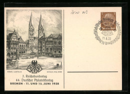 Künstler-AK Ganzsache: Bremen, 3. Reichsbundestag-44. Deutscher Philatelistentag 1938, Marktplatz, Börse, Dom & Rath - Postzegels (afbeeldingen)