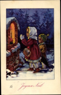 CPA Glückwunsch Weihnachten, Kinder Beim Gebet An Einem Wegschrein - Sonstige & Ohne Zuordnung