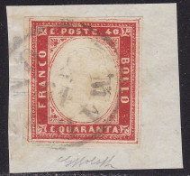 1857 SARDEGNA, N. 16A IV Emissione 40 Cent. Rosso Scarlatto SU FRAMMENTO - Sardinia