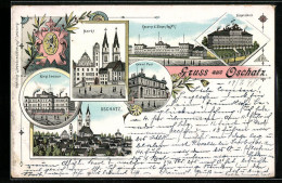 Lithographie Oschatz, Markt, Kaserne, Königl. Seminar, Bürgerschule - Oschatz