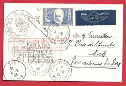 !!! CARTE POSTALE PAR AVION DE 1938, PREMIÈRE LIAISON AÉRIENNE METZ-DAX ET CACHET DE L'EXPO PHILATÉLIQUE DE METZ - 1927-1959 Lettres & Documents