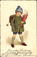 CPA Glückwunsch Zum Schulanfang, Kind Mit Zuckertüte Und Schulranzen - Einschulung
