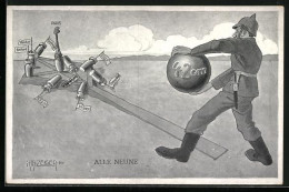 Künstler-AK Soldat Mit 42 Cm Kugel Kegelt Französische Und Belgische Städte Um - Weltkrieg 1914-18