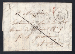 LETTRE 1829 MARQUE LINEAIRE - P. 72 P. MANTES ( 29 X 10 Mm ) Noir - Dept Seine Et Oise - 1701-1800: Précurseurs XVIII