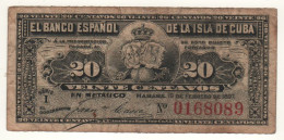 CUBA  20 Centavos.  P53   Dated  15.02.1897  (  Arms + Ox Cart  At Back ) - Cuba