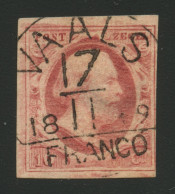 Netherlands 1852 First Issue 10c Used With VAALS Postmark Without Serifs And With Year Date, Fault-free, NVPH Spec. €125 - Usati