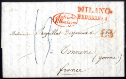 Cover 1836, Lettera Da Milano Il 1.11 Per Tonnere (Francia), Bollo LI E Autriche P. Huningue In Rosso, Porto 2 Kr. C.M. - Lombardo-Veneto
