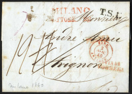 Cover 1840, Lettera Parzialmente Prepagata Del 29.10.1840 Da Milano Via Di Voghera Ad Avignon, Timbri Rossi "FRANCA", "V - Lombardo-Veneto