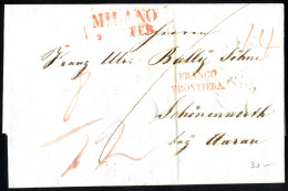 Cover 1849/1855, Tre Lettere Da Milano, Il 23.4.1853 "VIA DI CHIASSO" E P.D. Rosso Per Le Mans (Francia) Porto 16+3=19 ( - Lombardo-Veneto