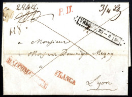 Cover 1850, Lettera Raccomandata Da Verona Il 23.8 Per Lyon (Francia), Bollo P.D. E FRANCA In Rosso, Pagato 30+18+30=78 - Lombardo-Veneto