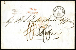 Cover 1853, Lettera Da Milano Il 11.10 Per Parigi (Francia), Bollo "Via Di Chiasso" Rosso, Tassa Modificata Da 10 In 20 - Lombardo-Veneto
