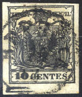 O 1850, 10 Cent. Nero Carbone Carta A Mano Con Spazio Tipografico In Alto E In Basso, Cert. Enzo Diena, Sass. 2g - Lombardo-Veneto