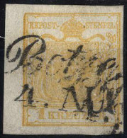 Delcampe - O 1850, 1 Kreuzer Type Ia Ockergelb, Kurzes Linkes Randstück, Gestempelt Botzen 4.M, Befund Ferchenbauer, ANK 1 - Altri & Non Classificati