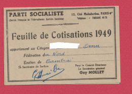 PARTI SOCIALISTE Feuille De Cotisations 1949 Avec Timbres -  Fédération Du Nord  Section De Cambrai 59 - Menus