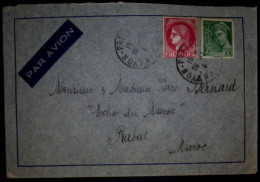 MERCURE 50C VERT +2FR CERES DE BARRE LETTRE AVION LYON 26.1.1941 POUR MAROC AU TARIF - 1938-42 Mercure