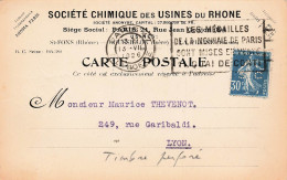CARTE. SOCIETE CHIMIQUE DES USINES DU RHONE. SEMEUSE 30c PERFORE. 1926. PARIS - Covers & Documents