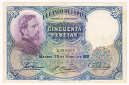 1931 Spain 50 Pesetas 2368508 Paper Money Banknotes Currency - 50 Pesetas