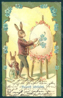 Greetings Easter Anthropomorphic Dressed Hare Egg Myosotis 325 Relief Pc HR0191 - Altri & Non Classificati