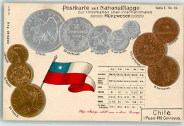 13289732 - Muenzenkarte Und Nationalflagge Muenzabbildungen Geld Auf AK Lithographie Serie I Nr 18 - Chile