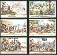 6 Sammelbilder Liebig, Serie Nr. 1684: De Boekaniers, Piraten, Vlees Boekaneren, Sklaven, Schlacht, Het Schildpadeiland - Liebig