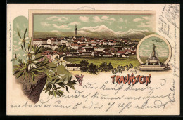 Lithographie Traunstein, Luitpold-Brunnen, Panoramablick Auf Die Stadt - Traunstein
