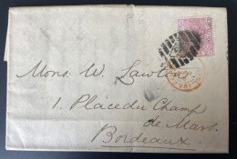 GB QV  ( Plate 6 ) On Cover 1877 To Bordeaux France , Victoria Sur Lettre 1877 Pour Bordeaux - Covers & Documents