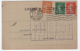 FRANCE SEMEUSE 5C JAUNE +30C ROUGE +10C VERT PERFORE E.X. CARTE BANQUE FRANCAISE EXTERIEUR PARIS 22 1924 POUR SUISSE - Covers & Documents