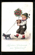 Künstler-AK Willi Scheuermann: Knabe Mit Topfrose Und Hund, Geburtstagsgruss - Scheuermann, Willi
