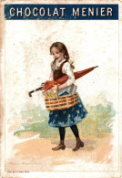 CHROMO CHOCOLAT MENIER / JEUNE FILLE DEGUSTANT DU CHOCOLAT MENIER , SON PANIER REMPLI ET SON PARAPLUIE - Menier