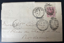 GB QV  ( Plate 7 ) On Cover 1877 To Bordeaux France , Victoria Sur Lettre 1877 Pour Bordeaux - Covers & Documents