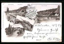 Lithographie Dürrmenz-Mühlacker, Kunstmühle, Brauerei Leo, Alte Brücke, Schloss-Ruine - Mühlacker