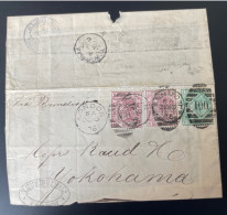 GB QV X3 ( Perfin ) On Front Of Cover 1875 To Yokohama Japan ( Arrival Cancel And Hong-Kong Marine Sorter On Back ) - Covers & Documents