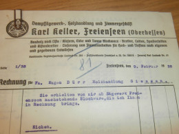 Sägewerk - Karl Keller In Freienseen B. Laubach , 1938 , Reklame , Altes Dokument !!! - Documents Historiques