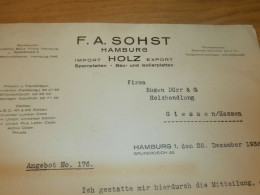 Holzhandel - F.A. Sohst In Hamburg , 1938 , Holz , Holzbau , Altes Dokument !!! - Documents Historiques