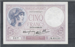 FRANCE -5 F FEMME CASQUÉE  - MODIFIÉ -21-9-1939 - F .04 -09 -SUP+ - 5 F 1917-1940 ''Violet''
