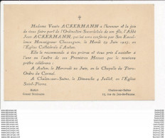 Carte De Faire Part De L'ordination Sacerdotale De L' Abbé Jean ACKERMANN Par Mgr CHASSAGNON D' AUTUN (format 9 X 14 Cm - Other & Unclassified