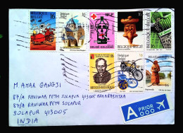 BELGIUM 2025, COVER USED TO INDIA, 8 DIFF STAMPS, MOTOR CYCLE, BUILDING, F. DE TROYER, CARTOON, HUMOUR, FACE, CHARLEROIX - Briefe U. Dokumente