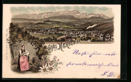 Lithographie Herisau, Trachtenträgerin Beim Sticken, Gesamtansicht Des Ortes - Herisau