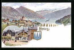 Künstler-AK Spiez, Strassenpartie Am Bahnhofplatz, Panorama - Spiez