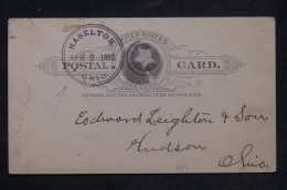 ETATS UNIS - Entier Postal Sur Carte D'Haselton / Ohio Pour Hudson En Local En 1892 - L 171333 - ...-1900
