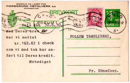 Norwegen 1930, 10 öre Ganzsache M. Zusatzfr. U. Porsgrund Metalverk-Zudruck - Storia Postale