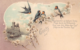B251 Greetings Gruss Aus Swallow Birds Flowers Castle Poem Postcard - Sonstige & Ohne Zuordnung