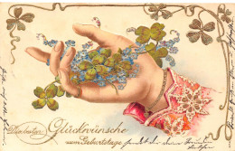 B251 Birthday Greetings 1907 Forget-me-not Shamrocks In Hand Embossed Postcard - Sonstige & Ohne Zuordnung