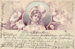 B251 Greetings Gruss Aus 1902 Girl Portrait In Passepartout Flowers Postcard - Sonstige & Ohne Zuordnung