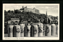 AK Kulmbach, Ortsansicht Mit Burg Und Bierkrügen - Kulmbach