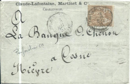FRANCE LETTRE 30c PERFORE " CA "  CHARLEVILLE ( ARDENNES ) POUR COSNE ( NIEVRE ) + TIMBRE FISCAL PERFORE 10c DE 1887 - Covers & Documents