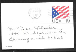 1991 USA 19 Cents Postal Card, Flag, Used Chicago IL, 4 May 1991 - Briefe U. Dokumente